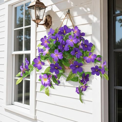 Homsunny Artificial Fake Flowers Plants Outdoor, 2PCS Realistic Faux Silk Flowers UV Resistant Fake Outdoor Flowers for Spring Outside Porch Garden and Home Patio Yard Decor (Double Purple) - color: B01 Deep Purple+ Light Purple