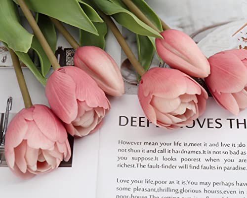 DILATATA 6 Pcs Artificial Tulips Flowers Pink Real Touch Fake Latex Tulips Flowers for Mother's Day 14" Faux Tulips Faux Flowers for Vase Centerpieces Home Wedding Bouquet - color: Latex Pink #6