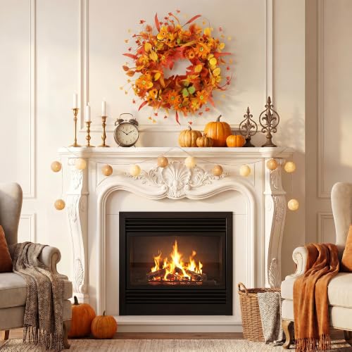 20" Fall Wreath Front Door Artificial Daisy Wall Decor Farmhouse Autumn Wreath Thanksgiving Home Porch Outdoor Indoor Holiday Harvest Decor - color: Gold, size: 20''