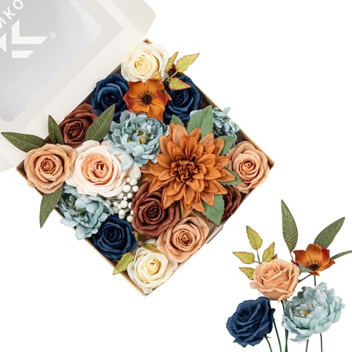 FANKO Artificial Flowers for DIY, Navy Blue Brown Peach Faux Flowers Bouquet, Colorful Fake Rose Peony Poppy Silk Flowers for Vase, Home Decor, Garland, Summer Wedding, Birthday, Party - color: Retro Blue Brown