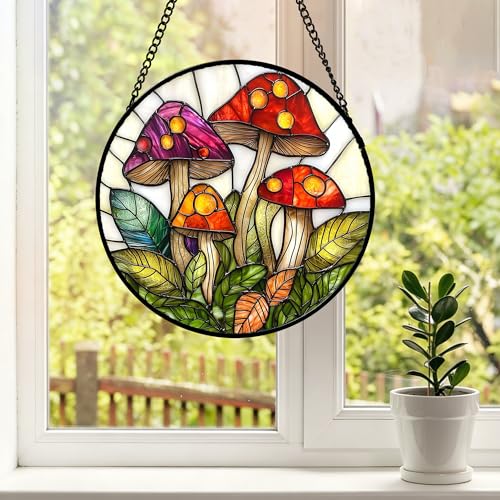 DASTOLL Stained Glass Window Hanging, Mushroom Leaves Suncatcher for Doors Home Sun Catchers Decoration and Christmas, Mother's Day Birthday Gifts for Women, Men, and Mom 7.8 in - color: Red and White, size: 7.8x7.8 IN