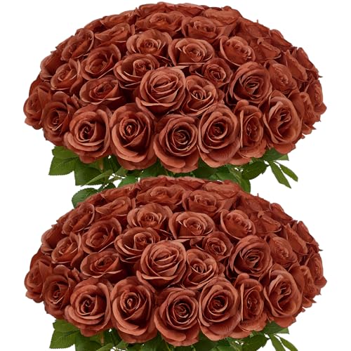 60 PCS Fake Burnt Orange Roses, Artificial Burgundy Flowers Bulk Realistic Silk Faux Rose with Stems for Wedding Decoration Anniversary Bridal Bouquet DIY Floral Arrangement Romantic Home Decor Gifts - color: Burnt Orange