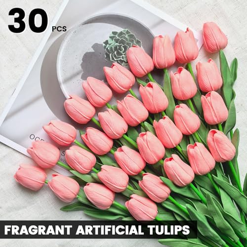 30 PCS Artificial Tulips Real Touch Tulips 13.5inch Long Stem Fake Flowers Silk Flowers for Spring Easter Mother's Day Decorations（Candy Pink） - color: Candy Pink