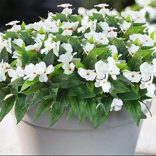 2 Pcs Artificial Impatiens Flowers for Outdoors Faux Impatiens Bushes White Silk Flowers Greenery Artificial Impatiens Bouquet for Patio Lawn Garden Pot Hanging Basket Porch Decoration - color: White