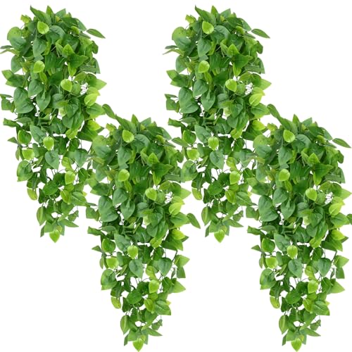 Waipfaru Fake Hanging Plants, 4pcs Artificial Hanging Plant, Faux Ivy Pothos Vines Greenery for Wall Home Bedroom Living Room Aesthetic Kitchen Office Aesthetic Kitchen Indoor Outdoor Decor - color: Epipremnum Aureum, size: 4Pcs Plants