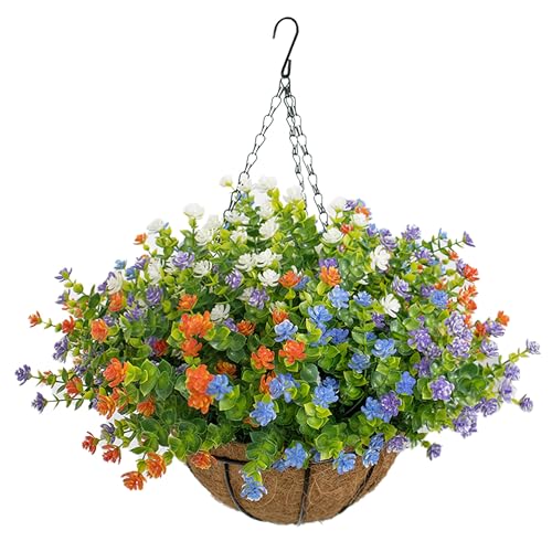 NETAP Artificial Hanging Flowers Basket for Outdoor, 16 Fake Flowers Look Real UV Resistant, Faux Hanging Plants for Porch, Balcony, Patio, Garden, Spring Summer Decor,MixA - color: Mixa