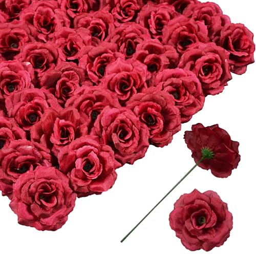 Rose Artificial Flowers, 50Pcs Red Roses Head Flowers Bulk with Stem, 3 Inches Silk Rose Fake Flower Head for Wedding Party Home Decor DIY Baby Shower Centerpieces Tables Decoration(Wine Red) - color: Wine Red