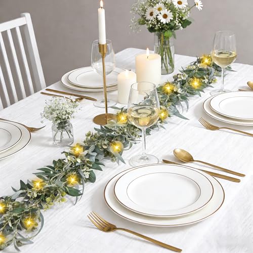 Artgar Olive Garland with Lights - 6 Ft Eucalyptus Garland with Timer 30 Fairy Lights, Artificial Greenery Olive Leaf Vine Garlands for Indoor Outdoor Wedding Arch Backdrop Table Spring/Summer Decor - color: Olive Garland