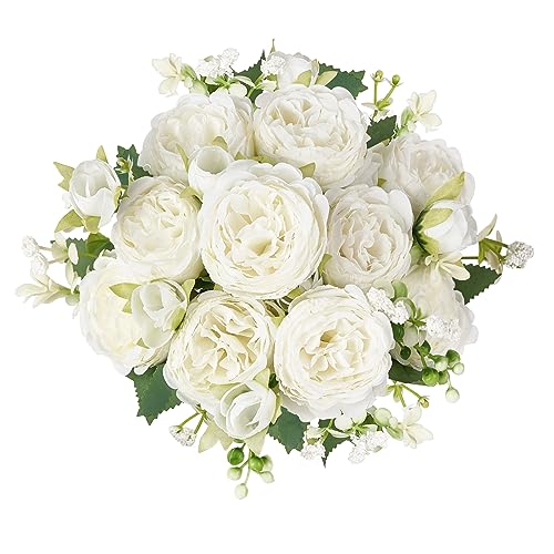 Mkono Peonies Artificial Flowers, Small Silk Flowers for Home Decor Indoor Fake Bouquet Faux Floral Arrangements Dining Table Centerpieces for Kitchen Party Decor White - color: White