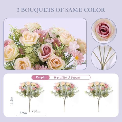 Artificial Flowers Fake Rose Bouquet 3 Pack Artificial Flowers Bouquet Plastic Flower Arrangements Wedding Decoration Table Centerpieces(Purple) - color: Purple