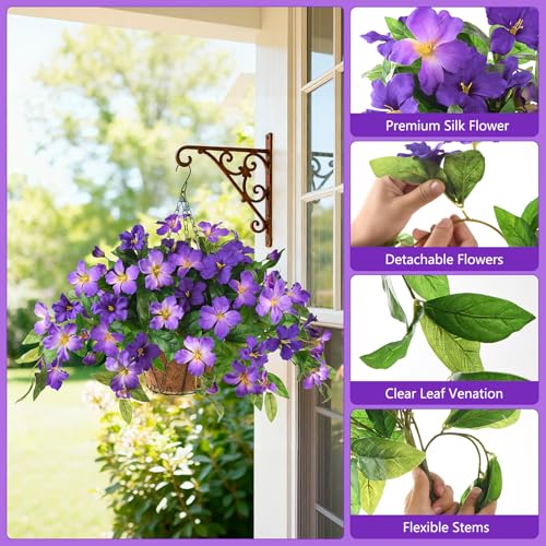Homsunny Artficial Fake Hanging Flowers Plants with Baskets, 3PCS Silk Faux Outdoor Flowers UV Resistant Real Touch Plastic Flowers for Spring Garden and Home Patio Yard Decor (Double Purple) - color: Deep Purple+ Light Purple With Basket