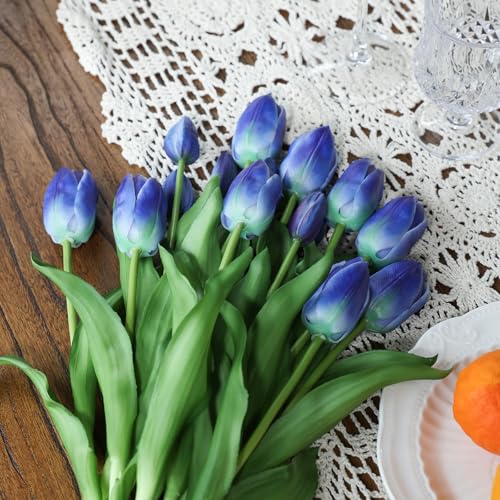 mizii 15Pcs Blue Tulips Artificial Flowers Latex Plastic Real Touch Fake Tulips Flowers Look Real Faux Tulip Flower Bouquet Decoration for Vase Room Table Centerpieces Home Decor (Blue) - color: Blue