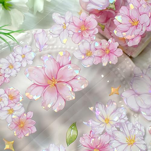 1Roll Laser Flower Wide PET Tape, Floral Decorative Transparent Tape Adhesive Crafts Tapes for DIY Journals Planners Scrapbook Supplies