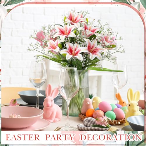 Giegxin 18 Pcs Artificial Pink Lilies with Baby's Breath, Latex Fake Tiger Lily Bouquet for Spring Home Church Wedding Decorations, Faux Gypsophila Floral Arrangement - color: Pink, White, style: Lily, Babys Breath