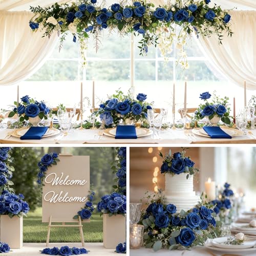 12Pcs Realistic Fake Roses Faux Flowers with Long Stems, Artificial Silk Rose Flowers for Valentines Day Home Wedding Decor Bridal Bouquet (Blue) - color: Blue