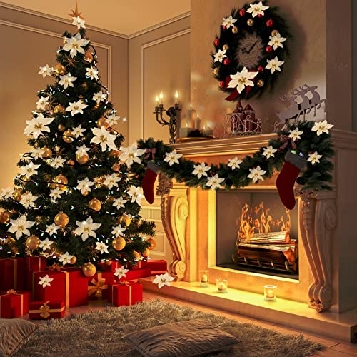 Geosar 100 Pcs 3 Size Christmas Poinsettia Flowers with Clips Glitter Artificial Flowers Small Christmas Tree Ornaments Faux for Xmas Party DIY Craft Wreath Garland New Year, 3/4/6 Inches(Gold) - color: Gold