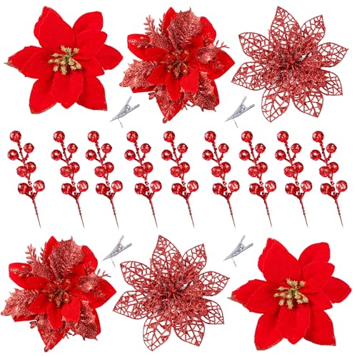 Sggvecsy 30 Pcs 3 Styles Christmas Glitter Poinsettia Flowers Artificial Berry Picks Christmas Tree Ornaments Artificial Christmas Flowers with Clips for Xmas Wedding Wreath Floral Decorations(Red) - color: Red