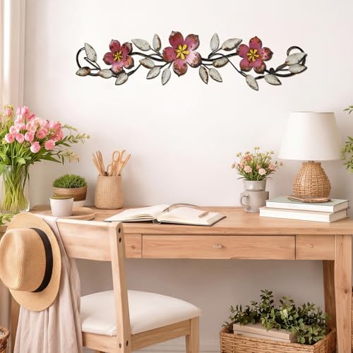 Wesiti Metal Flower Wall Decor Vintage Metal Flower Wrought Iron Scroll Sculpture 15.7''x3.7'' Not 3D, Flat Farmhouse Leaf Wall Decor with Nails for Summer Bedroom Kitchen Indoor Outdoor(Pink) - color: Pink