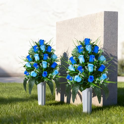 XONOR 2 Sets Artificial Cemetery Flowers, Grave Decorations Roses, Memorial Flowers Bouquet with Vase for Grave Cemetery Decoration (Dark Blue&Light Blue) - color: Dark Blue&light Blue