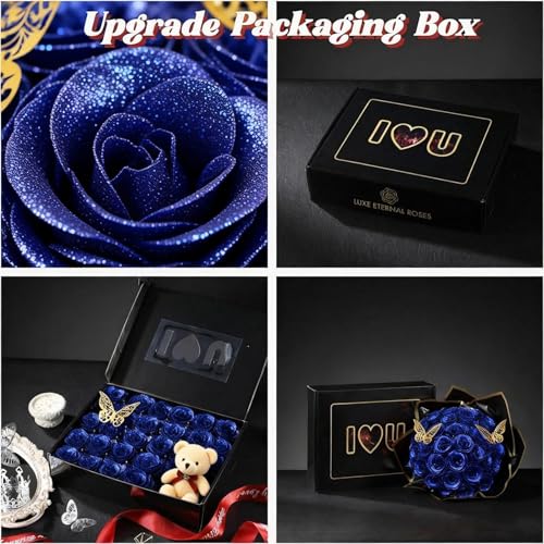 Blue Glitter Roses Bouquet Forever Flowers, 36 Pcs DIY Artificial Glitter Rose Bouquet with Bear & Butterfly, Eternal Flowers Gifts for Her, Girlfriend, Valentines, Birthday, Mother's Day - color: Fba-blue