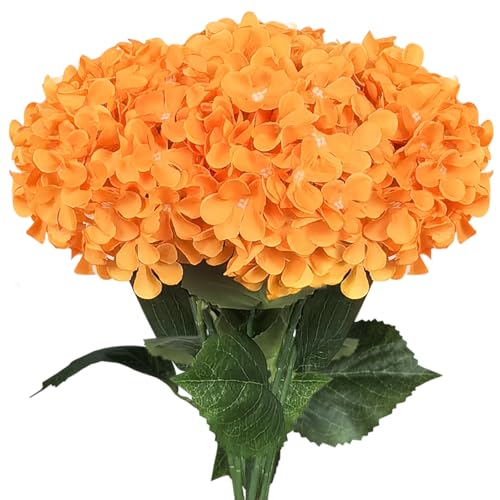 6 PCS Artificial Hydrangea Flowers, Faux Silk Hydrangea with Long Stems, Home Wedding Decor, Table Centerpieces, Party Decorations(Orange) - color: Orange