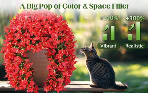 4Pcs Artificial Flowers for Outdoors - Red Realistic Faux Silk Bougainvillea Flowers, Fake Hanging Plants for Porch Patio Balcony Decoration - color: Red, size: 4 Pcs