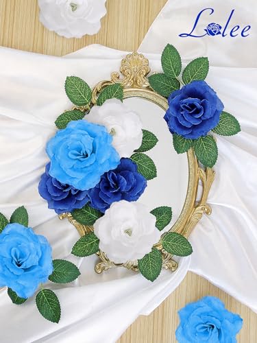 LELEE 108pcs Roses Head Flowers with Stem, Gradient Blue White Artificial Flowers Rose Bulk, Silk Rose Fake Flower for Wedding Bouquet Balls Arrangement Shower Centerpieces Grad Party Tables Decor - color: Gradient Blue&white