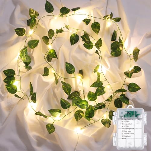 Vines with Lights Battery Operated, 6.56ft 20 LED Pothos with Fairy Lights, Leaf Lights with 8 Modes, Fake Vines Ivy String Lights for Bedroom, Wall, Room, Garden, Party Decor, 8 Pack - color: Pothos, size: 8 PACK x 6.56 FT