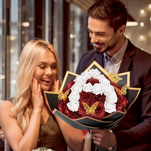 36+20 Glitter Roses Bouquet, DIY Fake Flowers Bouquet, Craft The Initials of Your Loves' Name with Artificial Rose Bouquet for Valentines, Anniversary, Wedding, Red & White - color: Red & White