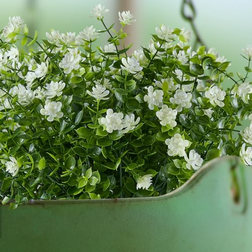 24 Bundles Artificial Flowers Fake Boxwood Shrubs UV Resistant No Fade Faux Greenery Faux Plastic Lotus for Home Garden Hanging Planter Indoor Porch Patio Office Wedding Decoration(Off-White) - color: Off-white