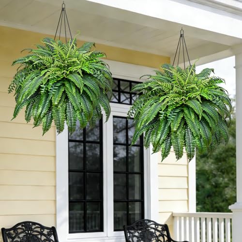 2 Pcs 48 Inch Fake Ferns, Look Real 101 Leaves Artificial Boston Ferns for Outdoors Large, Lush UV Resistant Faux Ferns for Outdoor Planter Large, Outdoor Faux Plants for Porch Patio Home Decor