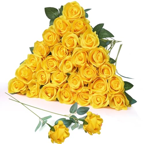 30pcs Fake Roses Artificial Silk Flowers Long Stems Bouquet for Wedding Bridal Shower Party Home Decoration (Yellow) - color: Yellow