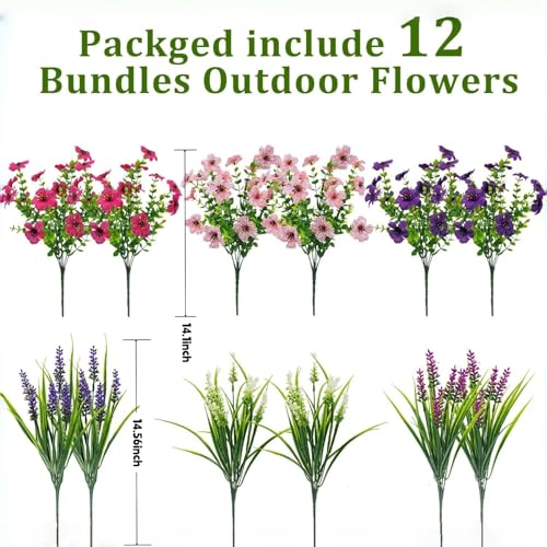 Artificial Flowers for Outdoors Fake Plants Fake Silk Flowers - 12 Bundles Faux Outside Greenery No Fade Plastic Shrubs Home Decor in Spring Summer Farmhouse Garden (Mixed-12Pcs-A)