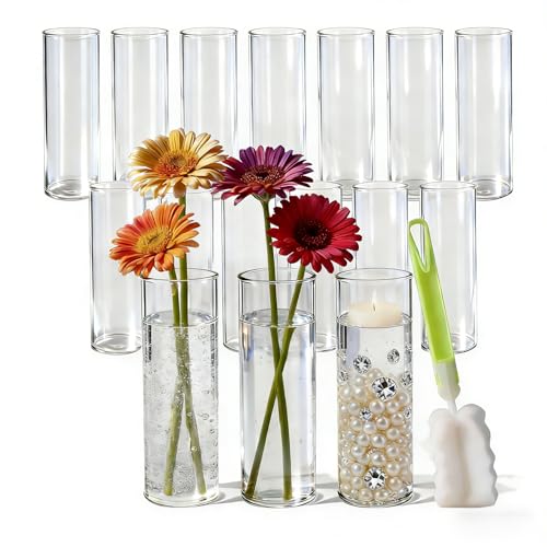 16Pcs Glass Cylinder Bud Vases for Centerpieces, 7.7 Inch Tall Clear Flower Vases in Bulk, Floating Candle Holder for Wedding, Party, Home Decor, Birthday, Decoration, Anniversary, Baby Shower