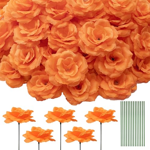 50 Pcs Rose Flower Head, Artificial Flowers Bulk for DIY Crafts, 3in Fake Rose Silk Flower Head wit Stem, Faux Flowers for Decoration, Wedding Home Party Decor Garland Decor (50, Deep Orange) - color: Deep Orange