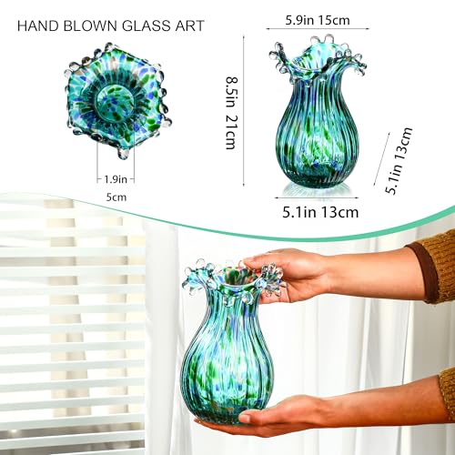 Green Glass Bubble Vase for Flowers, 8.5" Blown Glass Vase for Home Decor, Modern Art Flower Vases Decorative | Table Centerpiece, Olive Plant, Wedding, Living Room, Bookshelf, Office, Entryway - color: Green Bubble