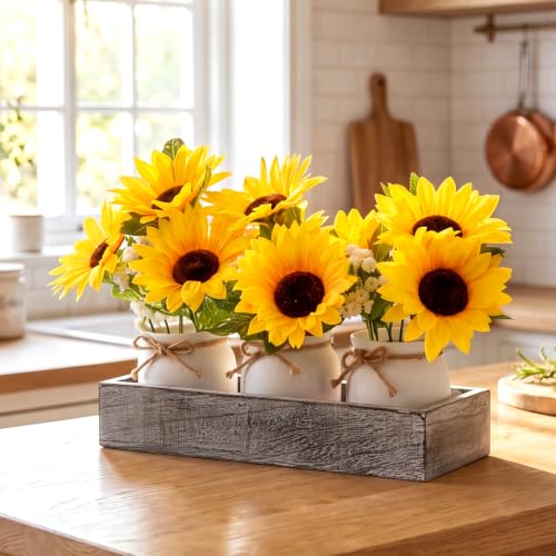 AceOrbit 3 Pcs Artificial Sunflower Potted Plants with Light Grey Wood Tray Farmhouse Faux Sunflowers for Kitchen Table Centerpieces Fake Yellow Flowers in Rustic Pots for Dining Home Bathroom Wedding - style: Weathered