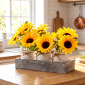 AceOrbit 3 Pcs Artificial Sunflower Potted Plants with Light Grey Wood Tray Farmhouse Faux Sunflowers for Kitchen Table Centerpieces Fake Yellow Flowers in Rustic Pots for Dining Home Bathroom Wedding - style: Weathered