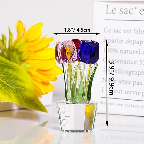Qianwei Crystal Tulips Flowers Figurine Colorful with Vase - Glass Flower Bouquet Collectible Figurines Crystal Office Home Decor Paperweight - Tulip Gifts for Women Mom Bestfriend Wedding Anniversary - color: Red Blue Pink Tulip