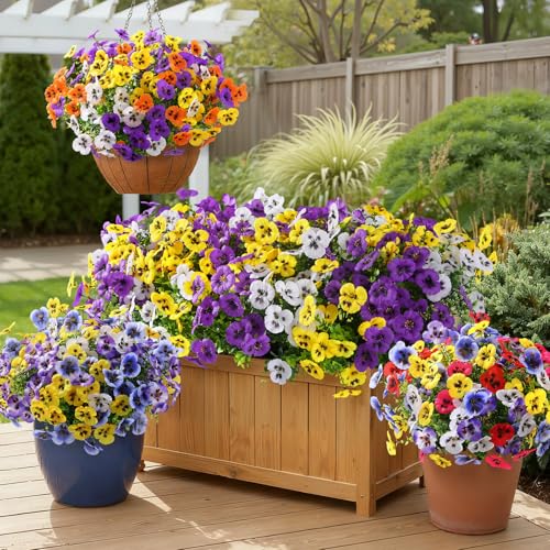 Alupssuc 24 Bundles Artificial Flowers for Outdoors, Fake Spring Flowers for Decoration, UV Resistant Realistic Pansies with Eucalyptus Silk Faux Flowers for Porch Yard, Purple Yellow White Orange - color: Purple, Yellow, White, Orange