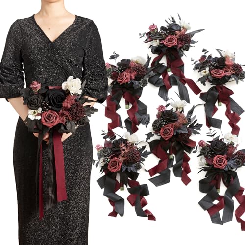 Ling's moment Black Bridesmaid Bouquets Set of 6 Burgundy Artificial Wedding Flower Bouquets Floral Bouquet Gothic Bridesmaid Bouquets with Ribbon Ceremony,Anniversary,7-inch Diameter - color: Red-burgundy Red & Black