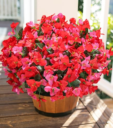 Artificial Flowers for Outdoors Outside Spring Summer Decor, 4 Bundles Silk Bougainvillea Fake Plants Faux Outdoor Flowers for Planters UV Resistant Realistic for Porch Window Garden Home, RedHotpink - color: Redhotpink