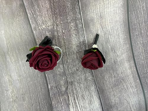 Ting & Cecilly Burgundy Rose Wrist Corsage Boutonniere Set Artificial Flower with Black Satin Ribbon Rhinestone Decor Handmade Silk Flower for Prom Wedding Party Suit Decor - color: Burgundy