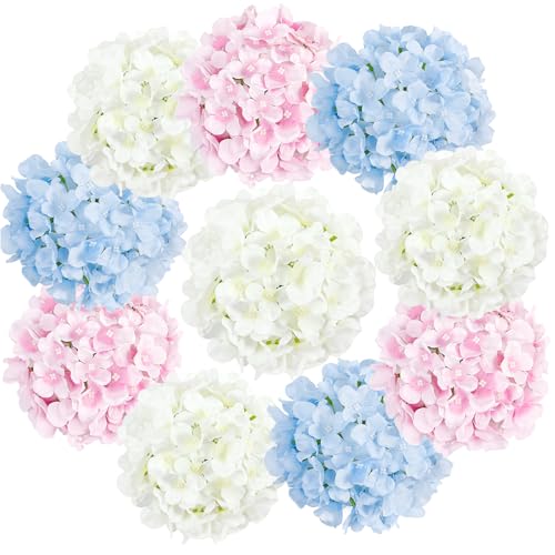 Auihiay 10Pcs Artificial Hydrangea Flowers Bulk, Realistic Faux Silk Hydrangea with Stems, Fake Flowers for Wedding Centerpieces Table Vase Decor Baby Shower Bedroom Valentine's Day(Mixed Color) - color: White,blue & Pink