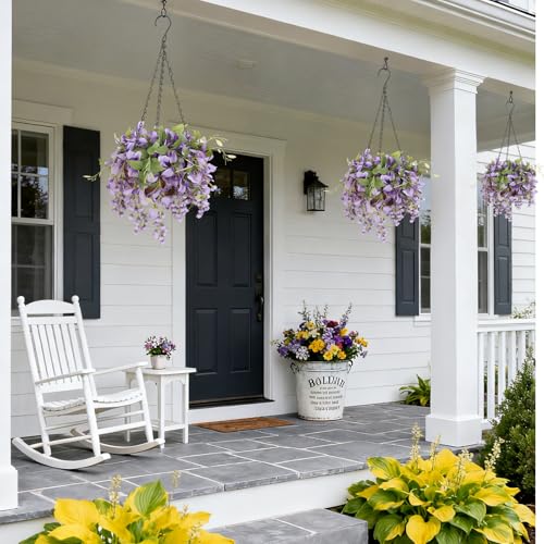 Artificial Hanging Flowers with Basket Plants - Wisteria Hanging Plants for Spring Outdoor Decoration, UV Resistant Fake Flowers Hanging Silk Flowers for Porch Patio Garden Yard Home Decor
