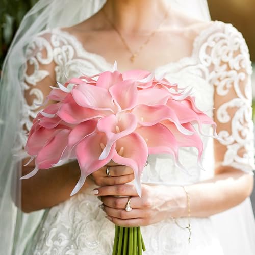Artificial Calla Lily 12Pcs Pink Real Touch Faux Flowers for Wedding Bouquet, Bride Bridal Shower, Spring Home Kitchen Table Decor, Fake Lilies for Centerpieces, Party Decorations - color: Pink