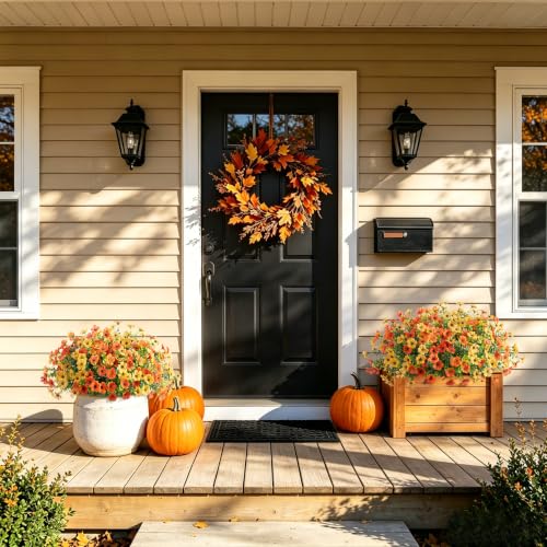 Fall Mums Artificial Flowers for Outdoors Potted, 12 Bundles Fake Fall Daisy Flower with Realistic Eucalyptus Leaves, Fake Plants for Greenery Boxwood Porch Patio Garden Pot Lawn(Yellow Orange) - color: Yellow Orange
