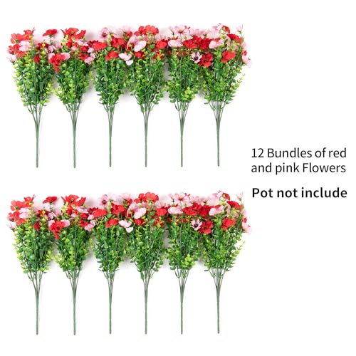 Artificial Fake Mums Flowers for Outdoor Spring Summer Decor, 12 Bundles Faux Silk Plants Daisy for Planter Pot Colorful UV Resistant Look Real for Front Door Porch Patio Outside Yard(Red Pink) - color: Red Pink