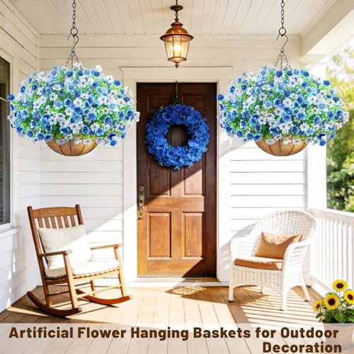 2 Pack Artfiticial Hanging Flowers Baskets for Outdoors, UV Resistant Faux Hanging Plants, 24 Pcs Fake Silk Flowers for Patio Garden Front Porch Balcony Decor (Blue White) - color: Blue White