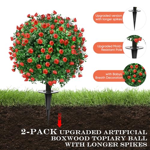 FAJUNZH Artificial Topiary Bushes for Outdoors with Spike, Boxwood Ball Fake Shrubs UV Resistant Faux Plants for Indoor Outdoor Fall Thanksgiving Halloween Decor (Artificial Boxwood Ball Bush-Red) - color: Artificial Boxwood Ball Bush-red